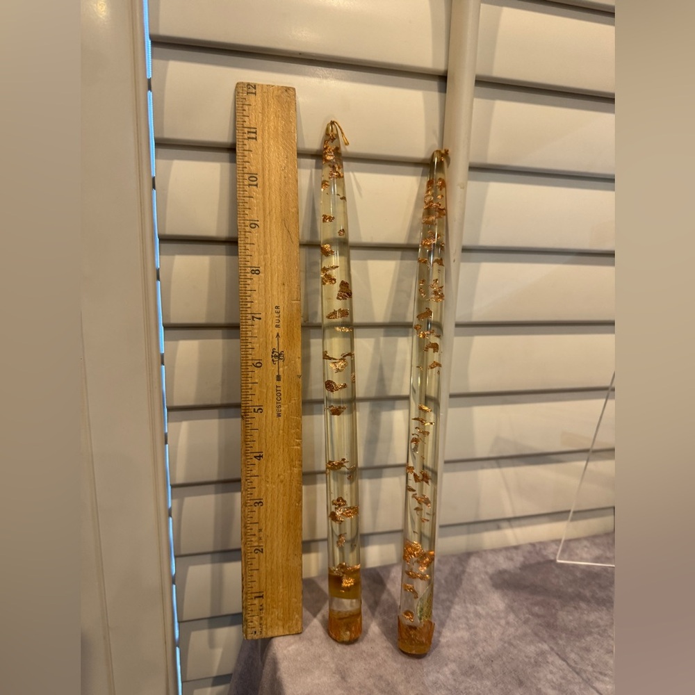 Two 11.5” MCM Lucite copper and gold flake‎ candles sticks